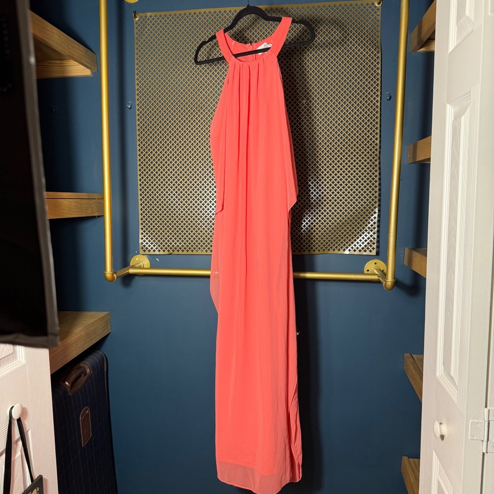 Belle Badgley Mischka‎ Coral Flowy Halter Ruffle Chiffon Maxi Dress Size 10 EUC